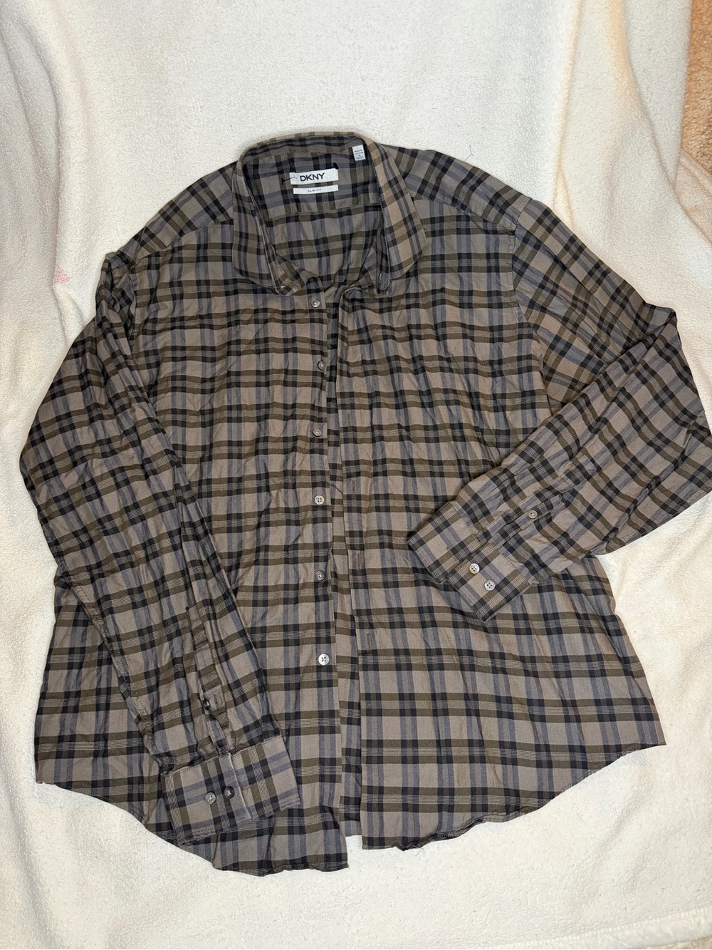 DKNY Men’s Brown and Black Plaid Button-Down Shirt
